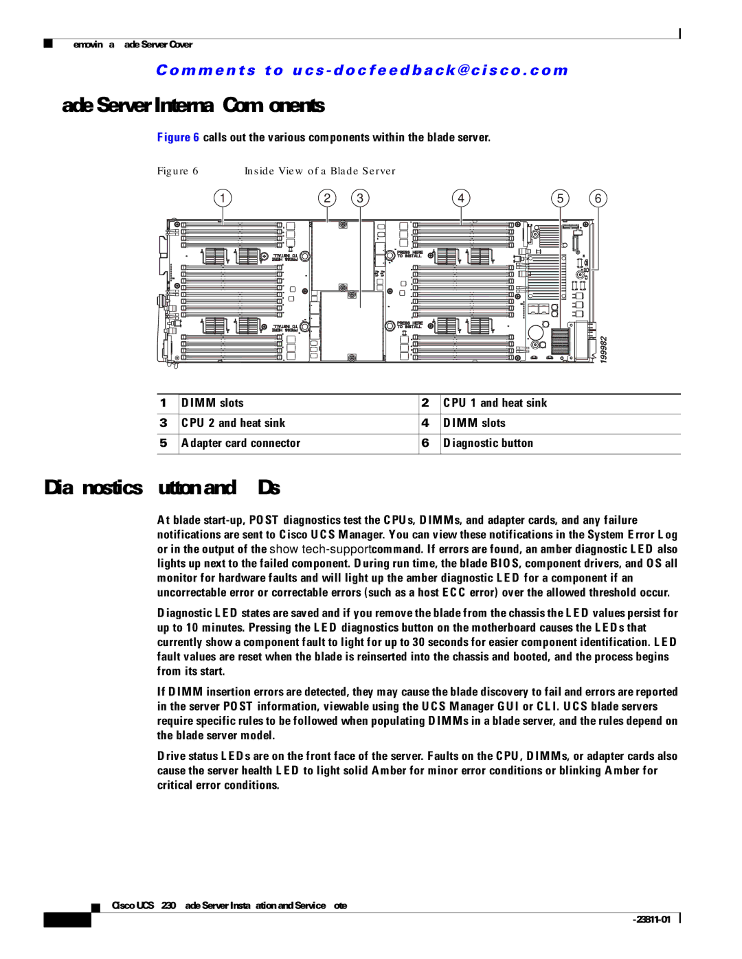 Cisco Systems UCSEZB230EX256 manual Blade Server Internal Components, Diagnostics Button and LEDs 