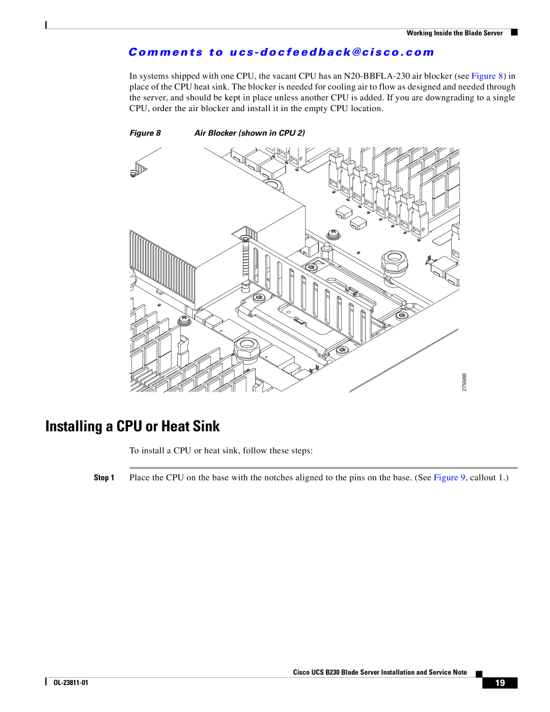 Cisco Systems UCSEZB230EX256 manual Installing a CPU or Heat Sink 