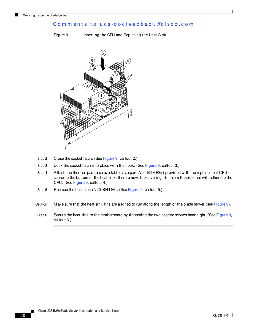 Cisco Systems UCSEZB230EX256 manual Inserting the CPU and Replacing the Heat Sink 