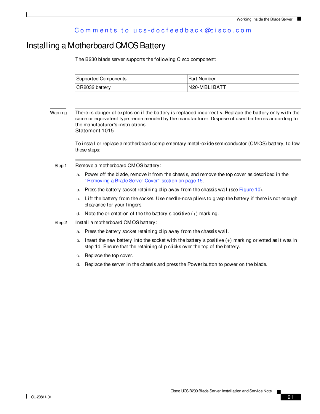 Cisco Systems UCSEZB230EX256 manual Installing a Motherboard Cmos Battery, Supported Components Part Number 