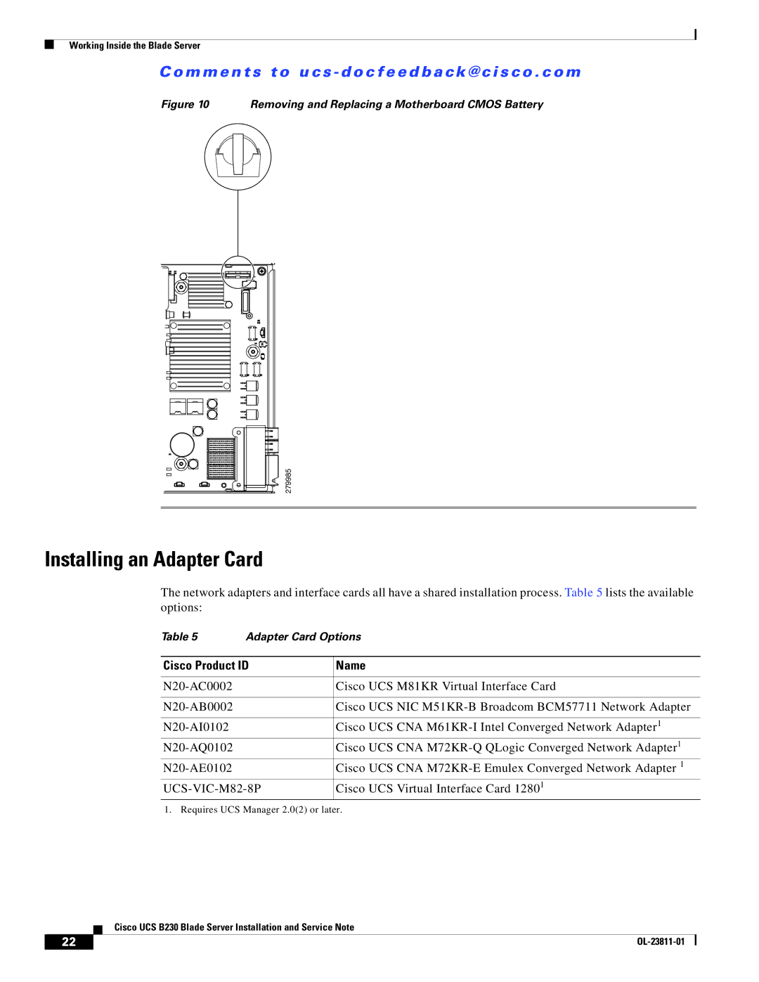 Cisco Systems UCSEZB230EX256 manual Installing an Adapter Card, Cisco Product ID Name 