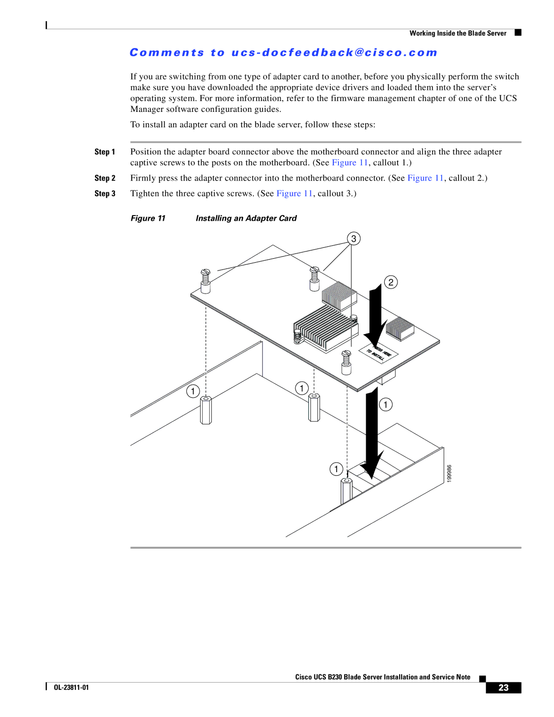 Cisco Systems UCSEZB230EX256 manual Installing an Adapter Card 