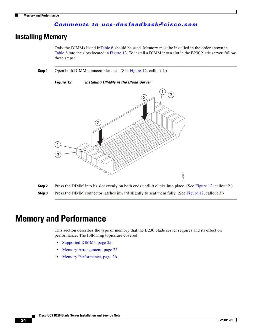 Cisco Systems UCSEZB230EX256 manual Memory and Performance, Installing Memory 