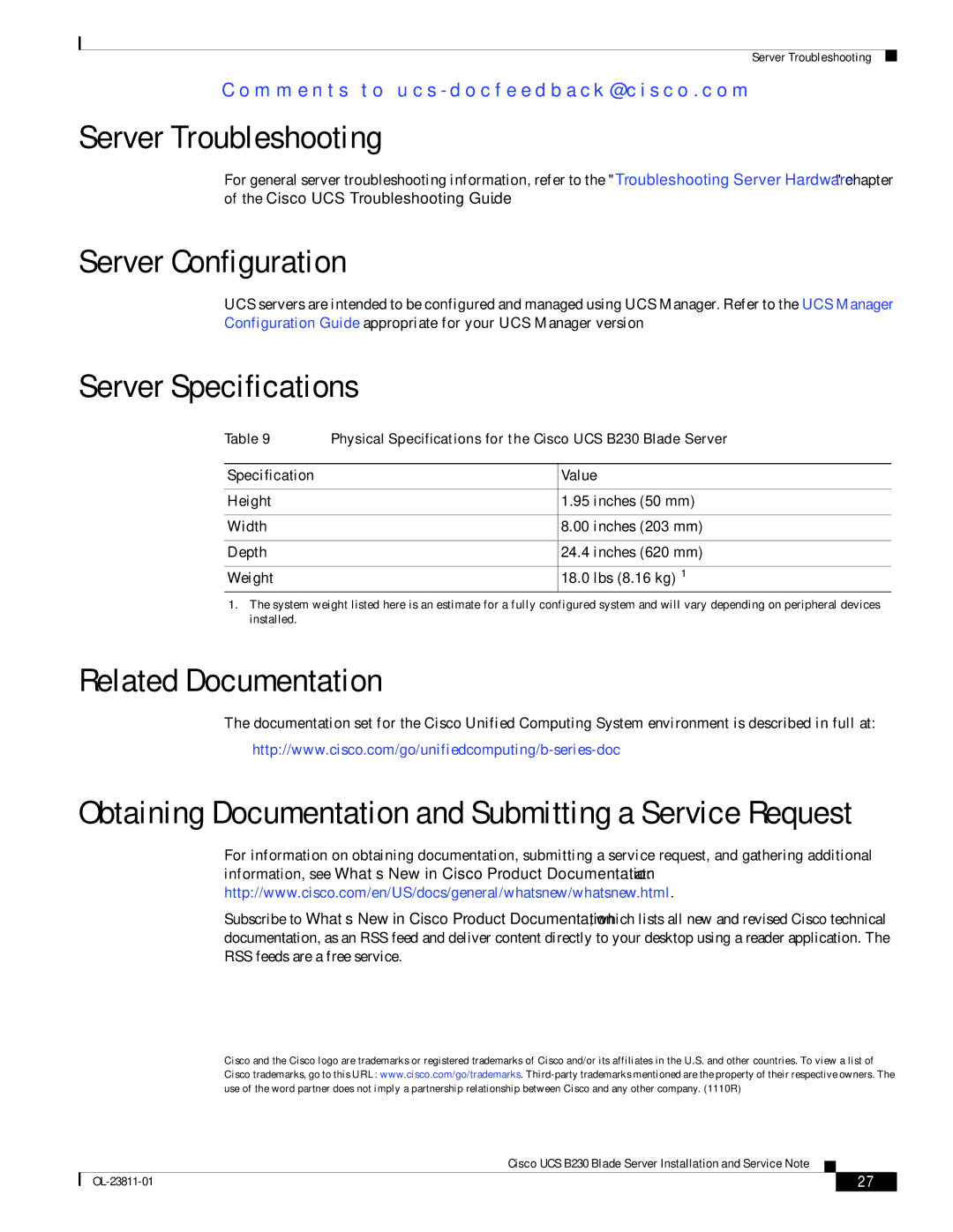 Cisco Systems UCSEZB230EX256 Server Troubleshooting, Server Configuration, Server Specifications, Related Documentation 