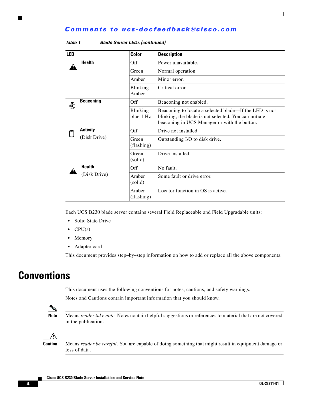 Cisco Systems UCSEZB230EX256 manual Conventions, Beaconing, Activity, Health 