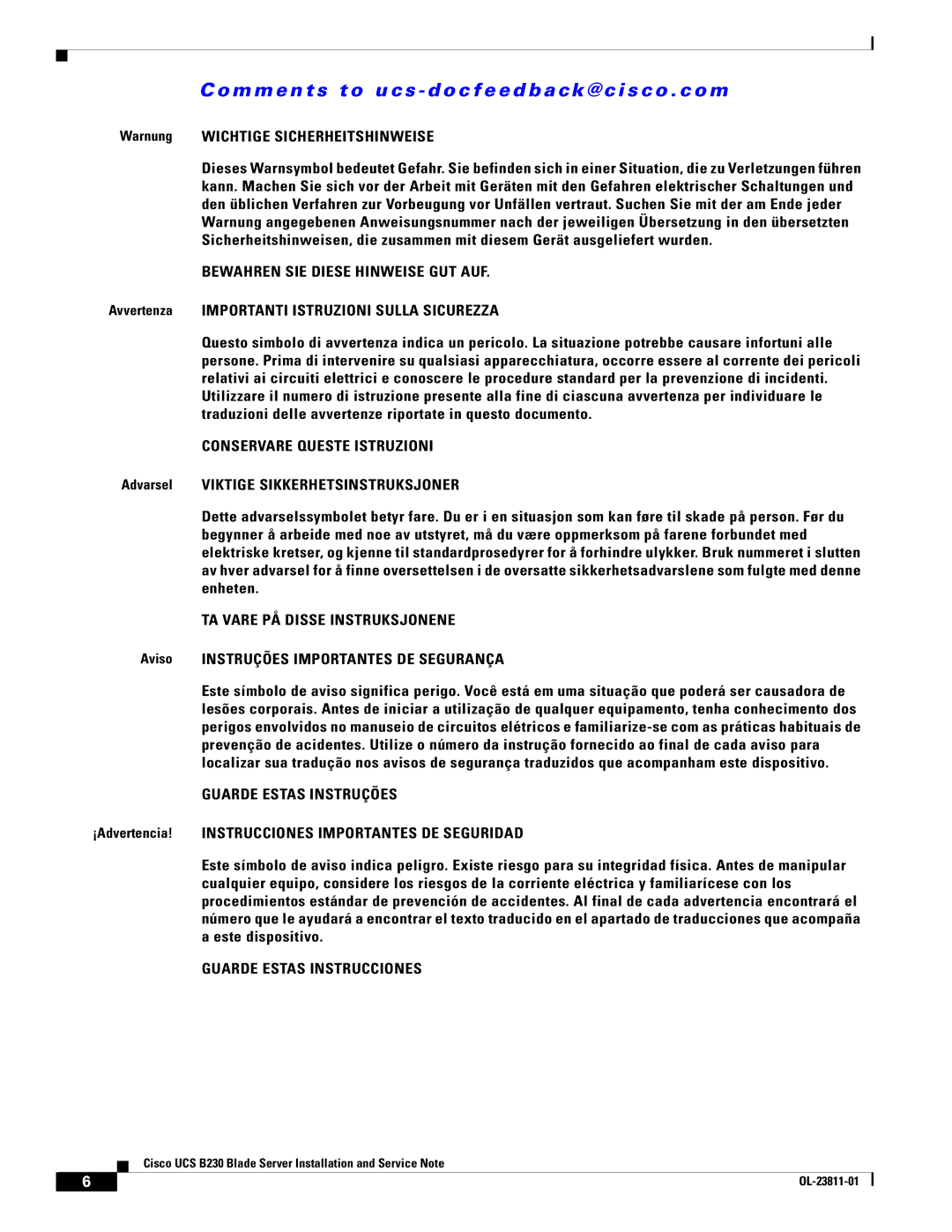 Cisco Systems UCSEZB230EX256 manual Warnung Wichtige Sicherheitshinweise, Avvertenza Importanti Istruzioni Sulla Sicurezza 