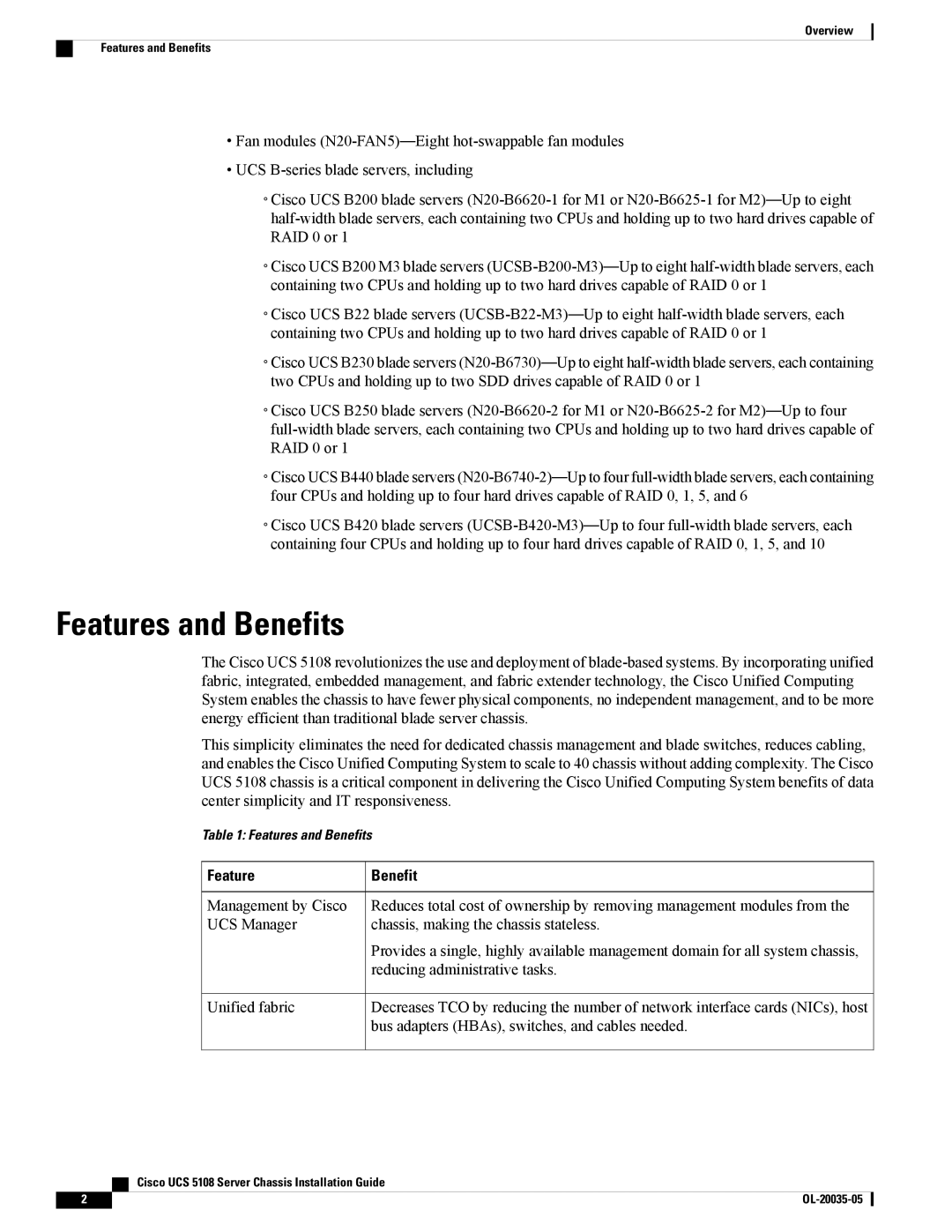 Cisco Systems UCSEZINFRACHSS manual Features and Benefits, Feature Benefit 