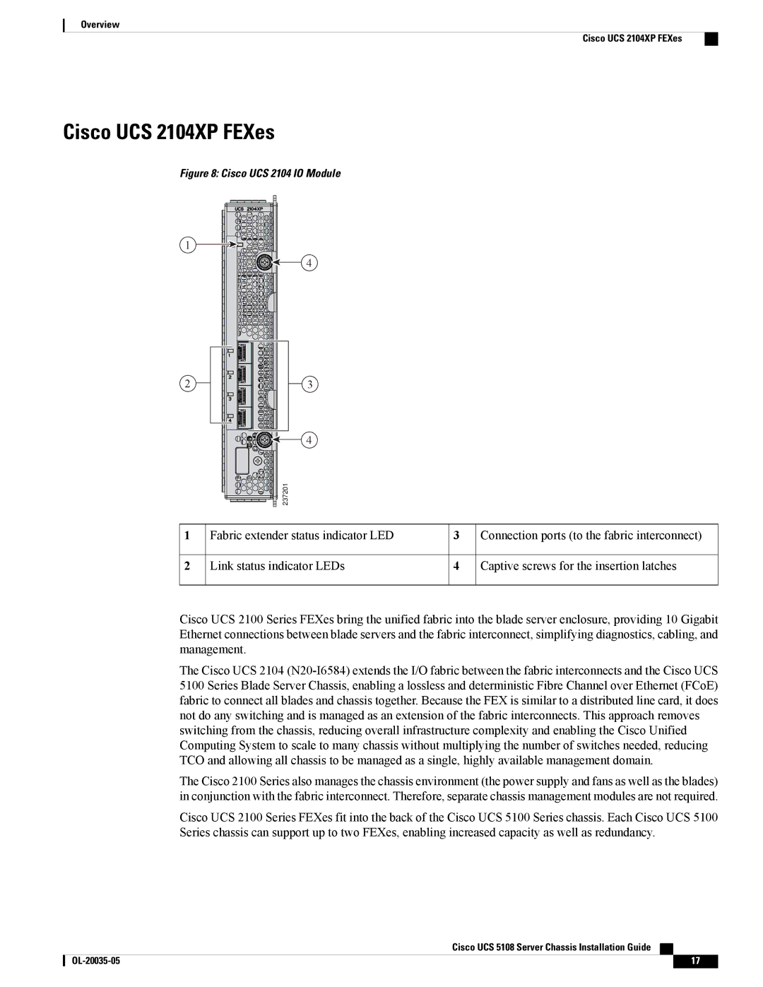 Cisco Systems UCSEZINFRACHSS manual Cisco UCS 2104XP FEXes, Cisco UCS 2104 IO Module 