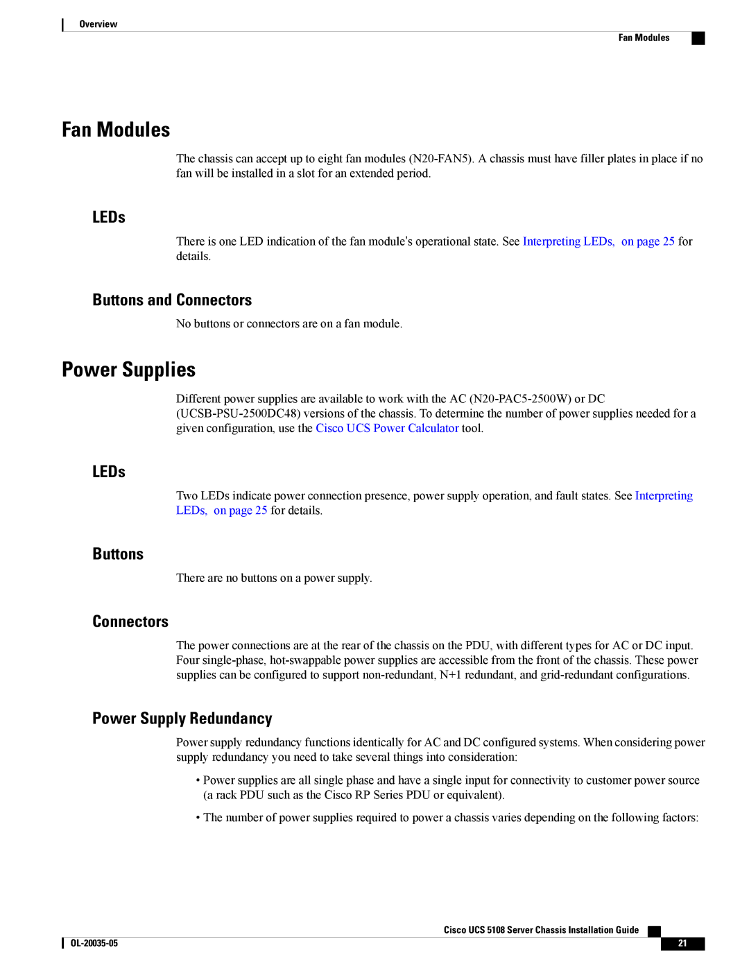 Cisco Systems UCSEZINFRACHSS manual Fan Modules, Power Supplies, Buttons and Connectors, Power Supply Redundancy 