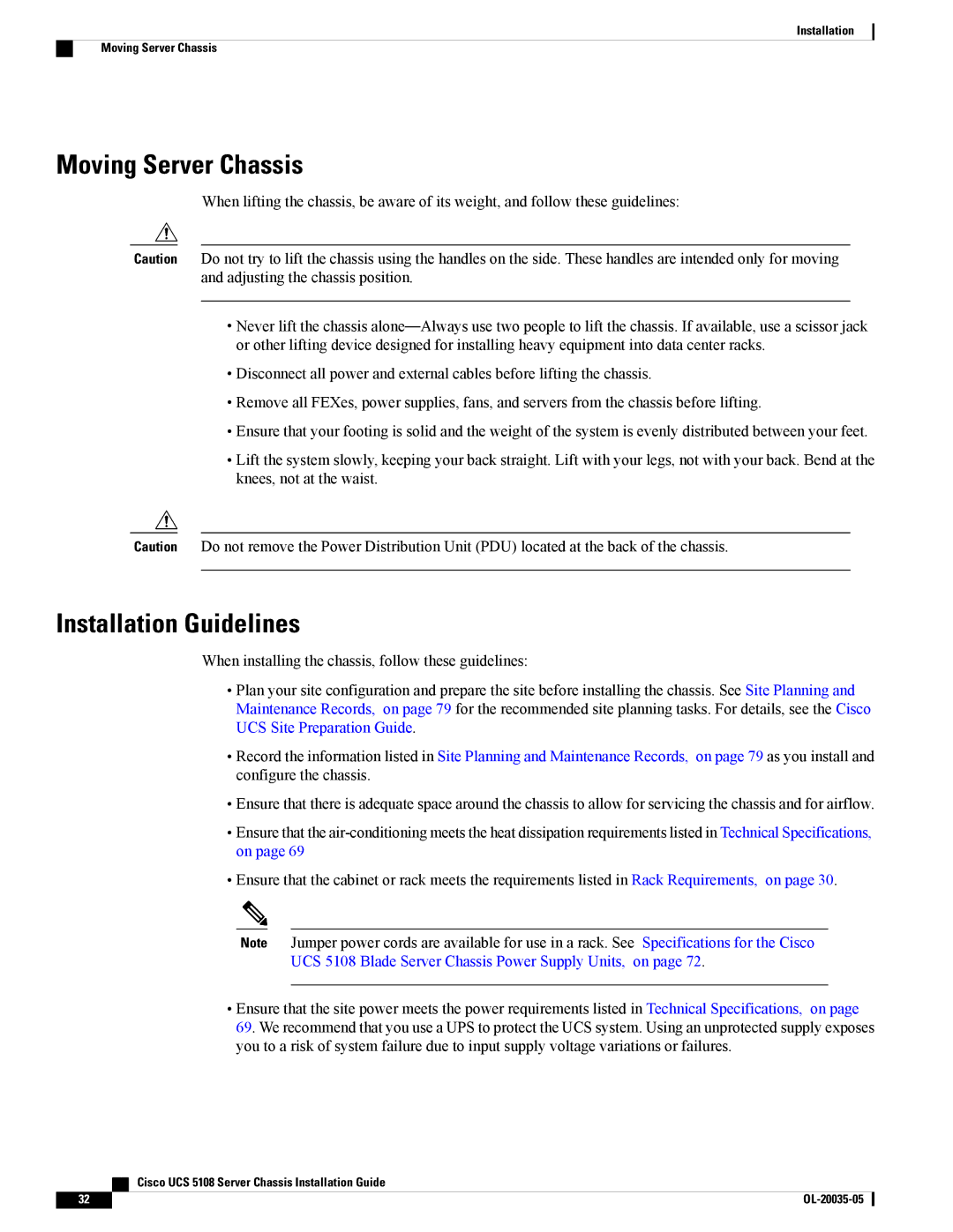 Cisco Systems UCSEZINFRACHSS manual Moving Server Chassis, Installation Guidelines 