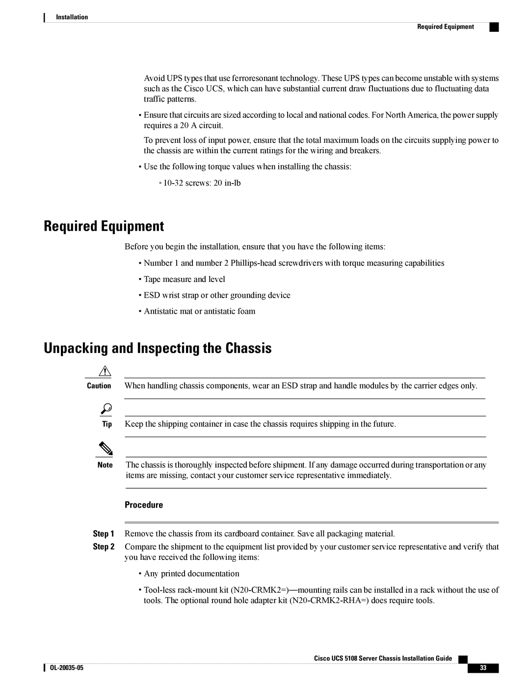 Cisco Systems UCSEZINFRACHSS manual Required Equipment, Unpacking and Inspecting the Chassis 