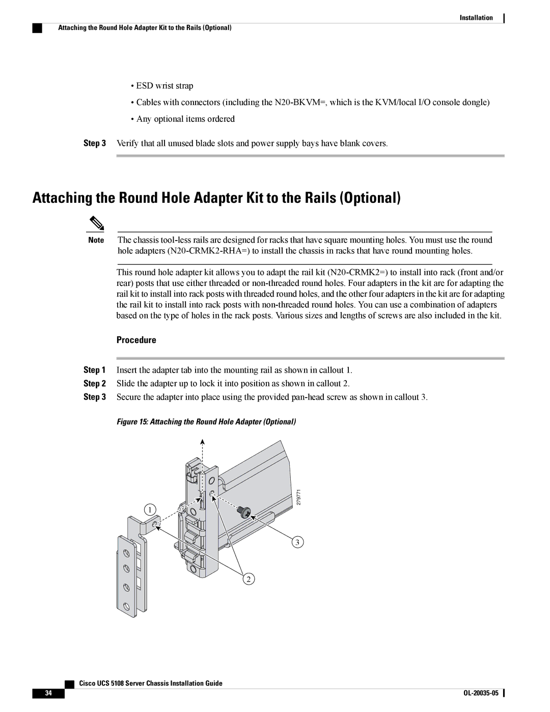 Cisco Systems UCSEZINFRACHSS manual Attaching the Round Hole Adapter Kit to the Rails Optional 