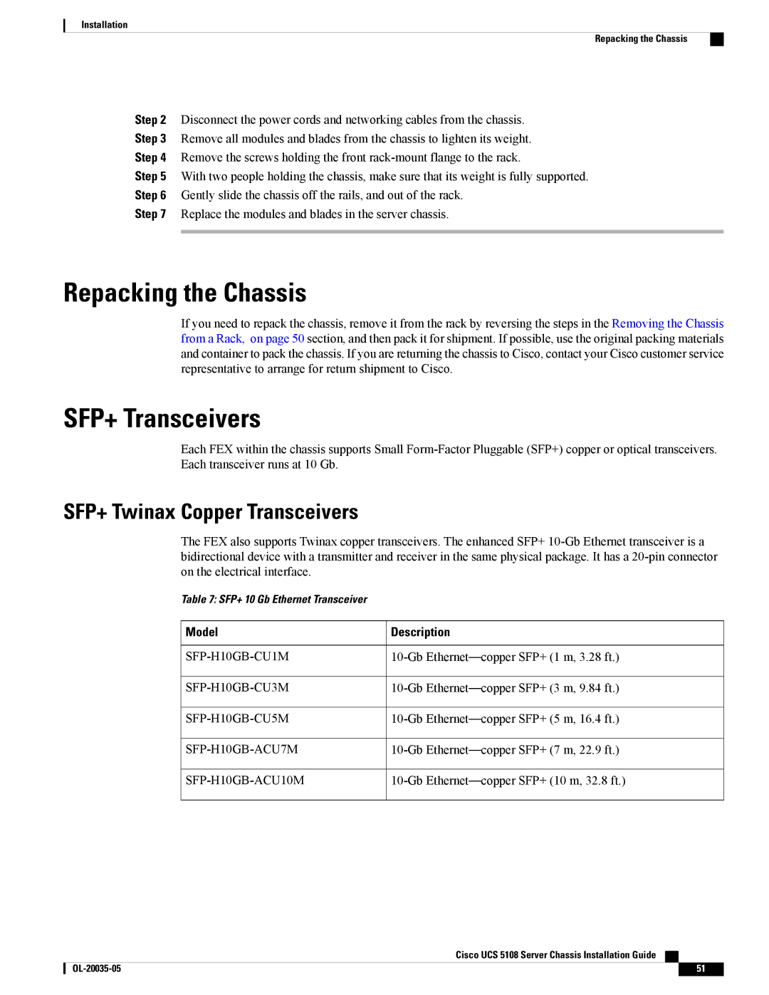 Cisco Systems UCSEZINFRACHSS Repacking the Chassis, SFP+ Transceivers, SFP+ Twinax Copper Transceivers, Model Description 