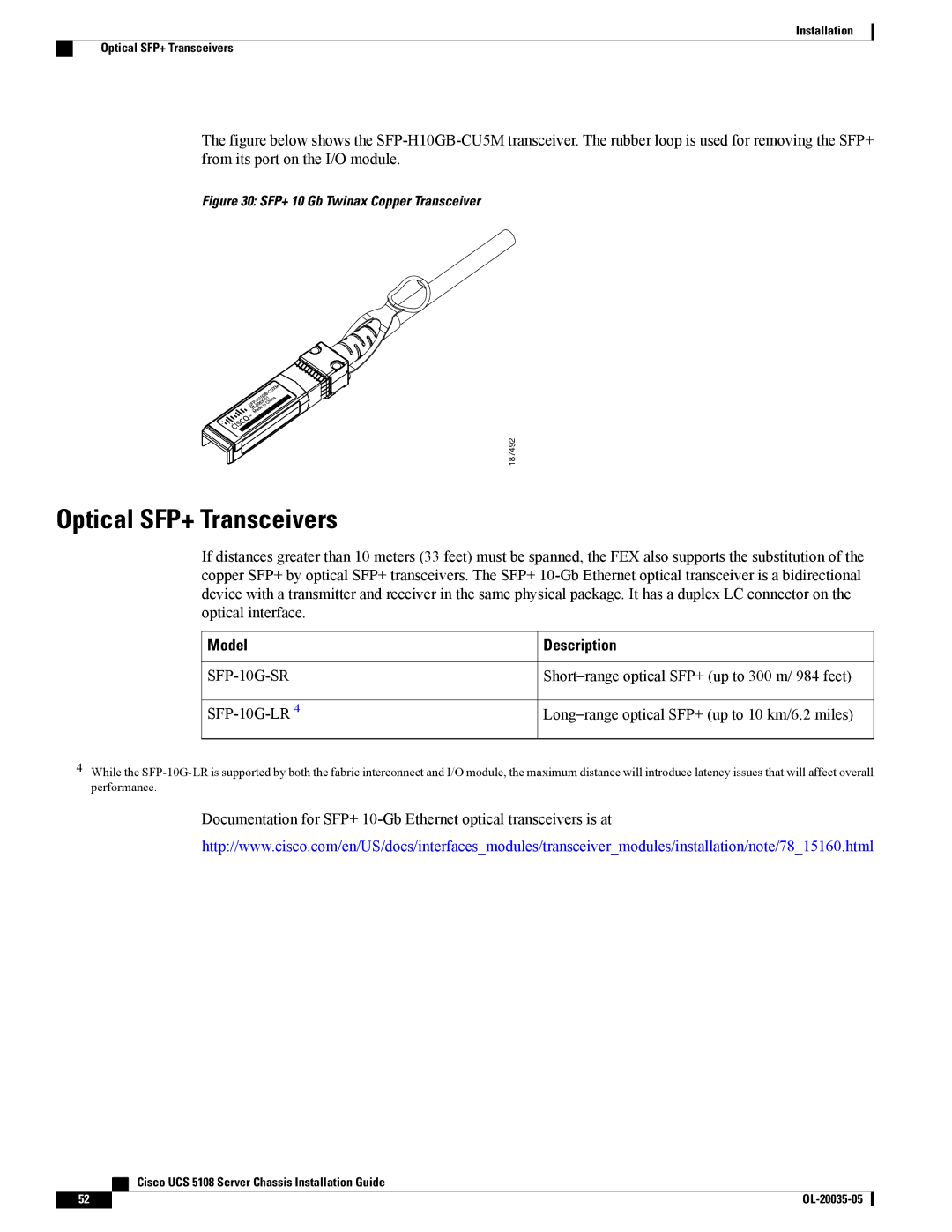 Cisco Systems UCSEZINFRACHSS manual Optical SFP+ Transceivers, SFP-10G-SR 