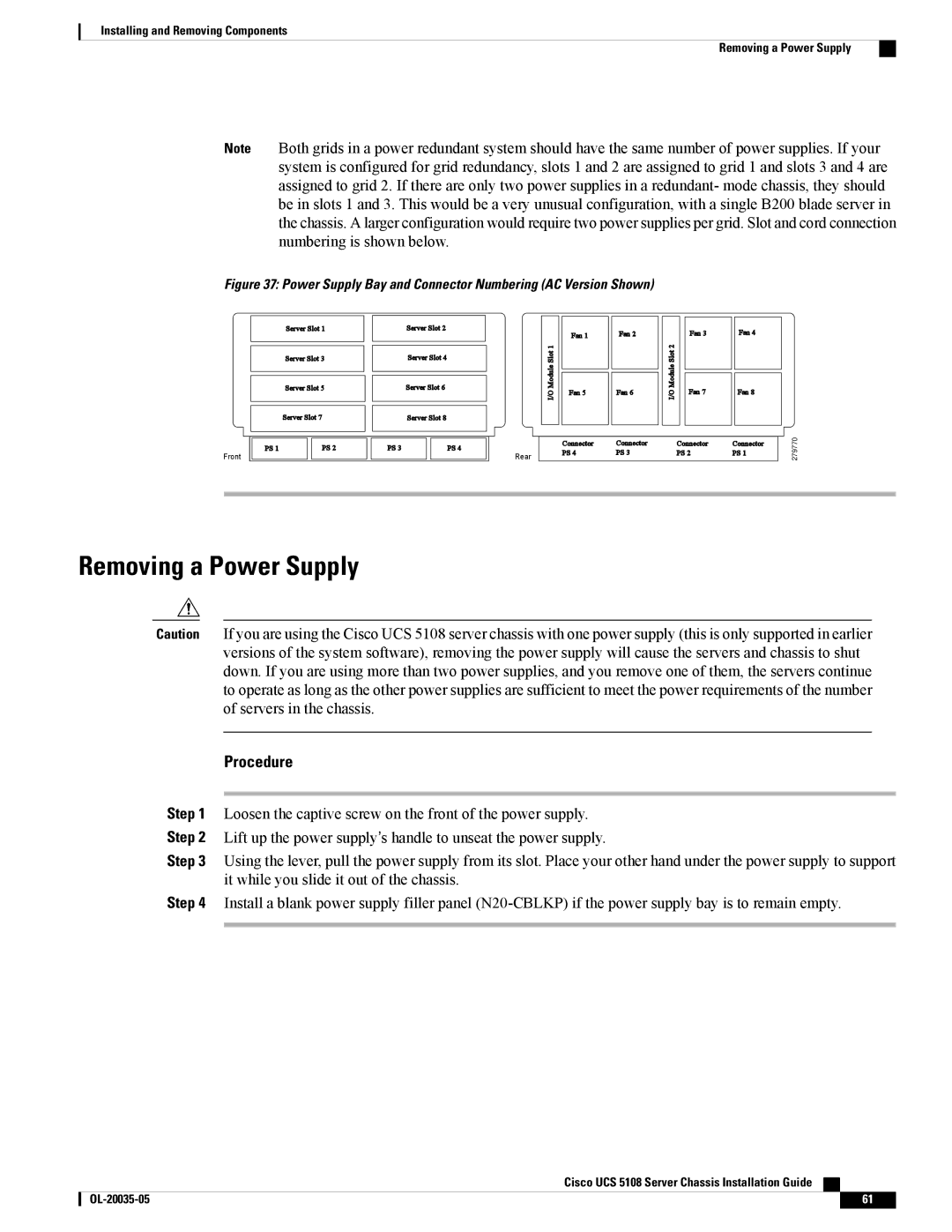 Cisco Systems UCSEZINFRACHSS manual Removing a Power Supply, Power Supply Bay and Connector Numbering AC Version Shown 