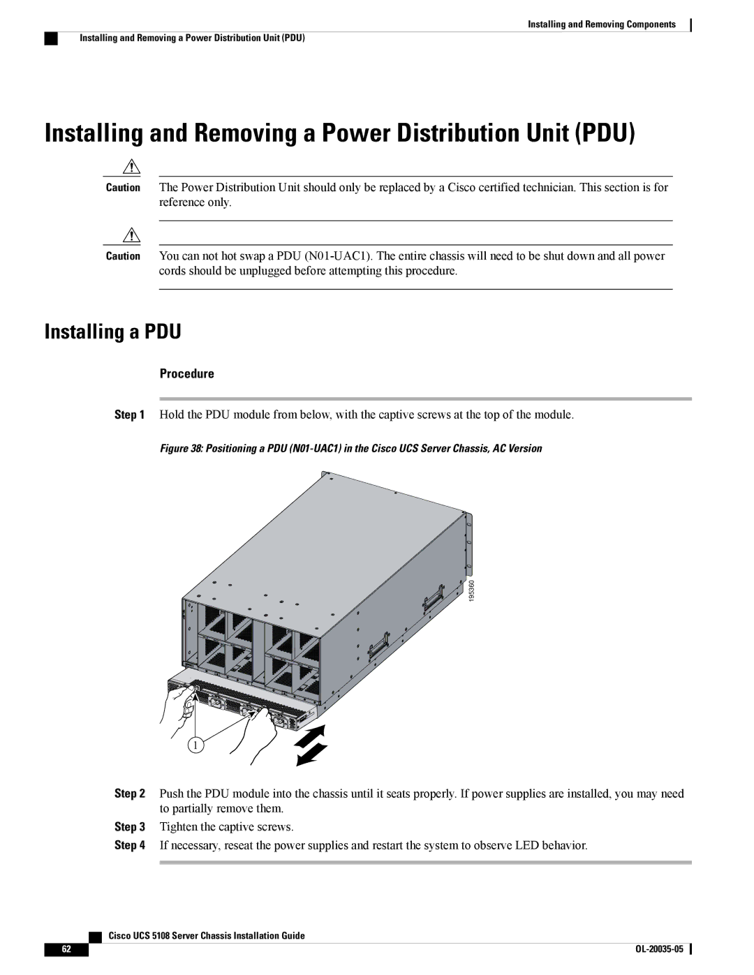 Cisco Systems UCSEZINFRACHSS manual Installing and Removing a Power Distribution Unit PDU, Installing a PDU 