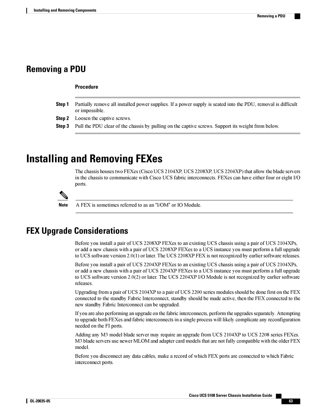 Cisco Systems UCSEZINFRACHSS manual Installing and Removing FEXes, Removing a PDU, FEX Upgrade Considerations 