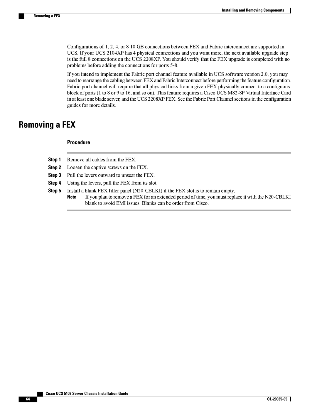 Cisco Systems UCSEZINFRACHSS manual Removing a FEX 