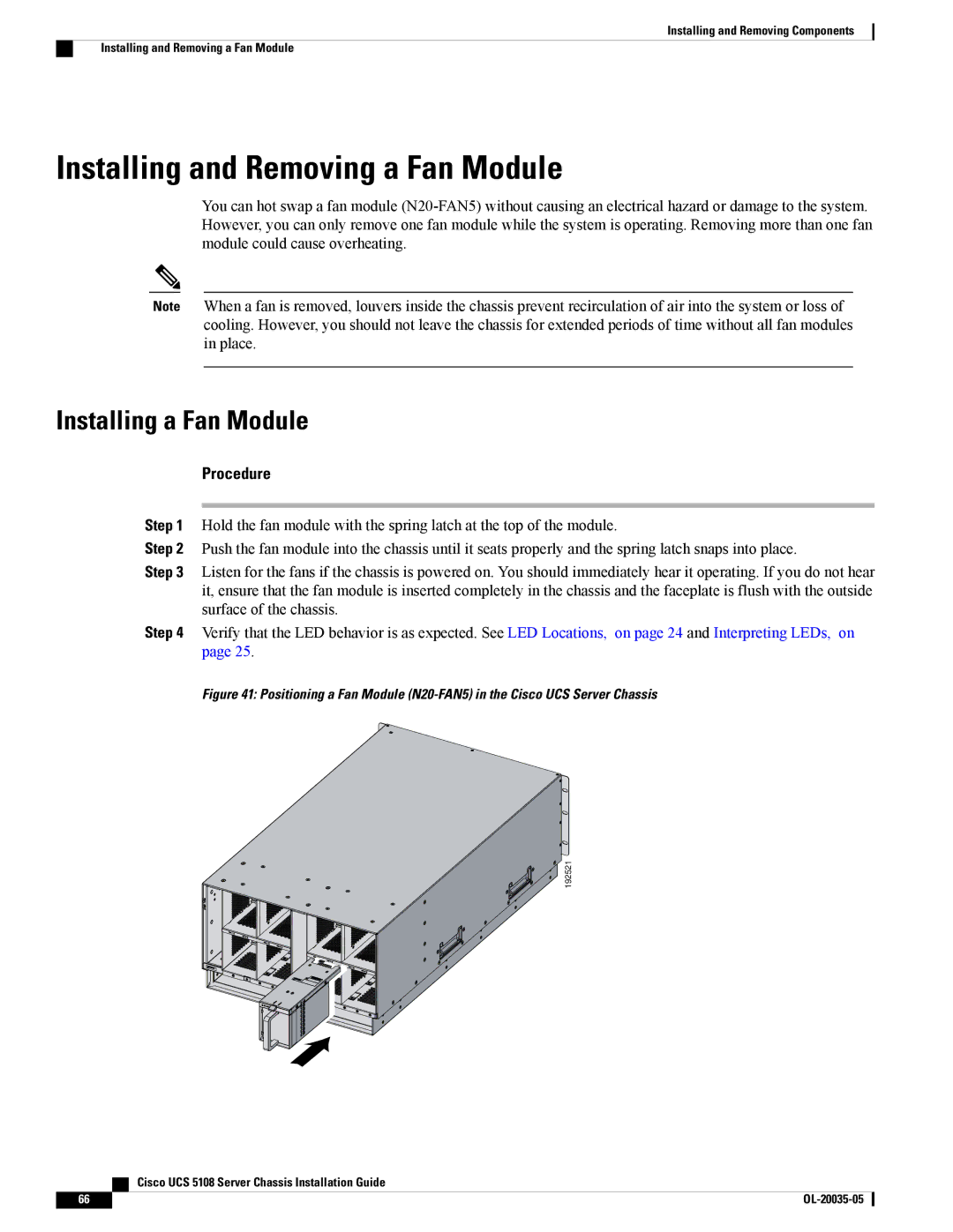 Cisco Systems UCSEZINFRACHSS manual Installing and Removing a Fan Module, Installing a Fan Module 