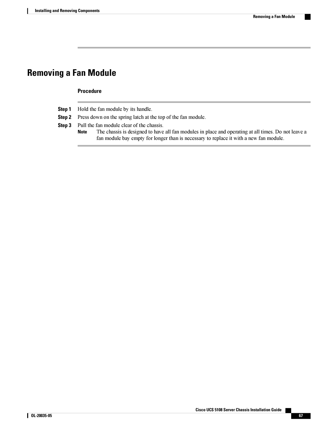 Cisco Systems UCSEZINFRACHSS manual Removing a Fan Module 