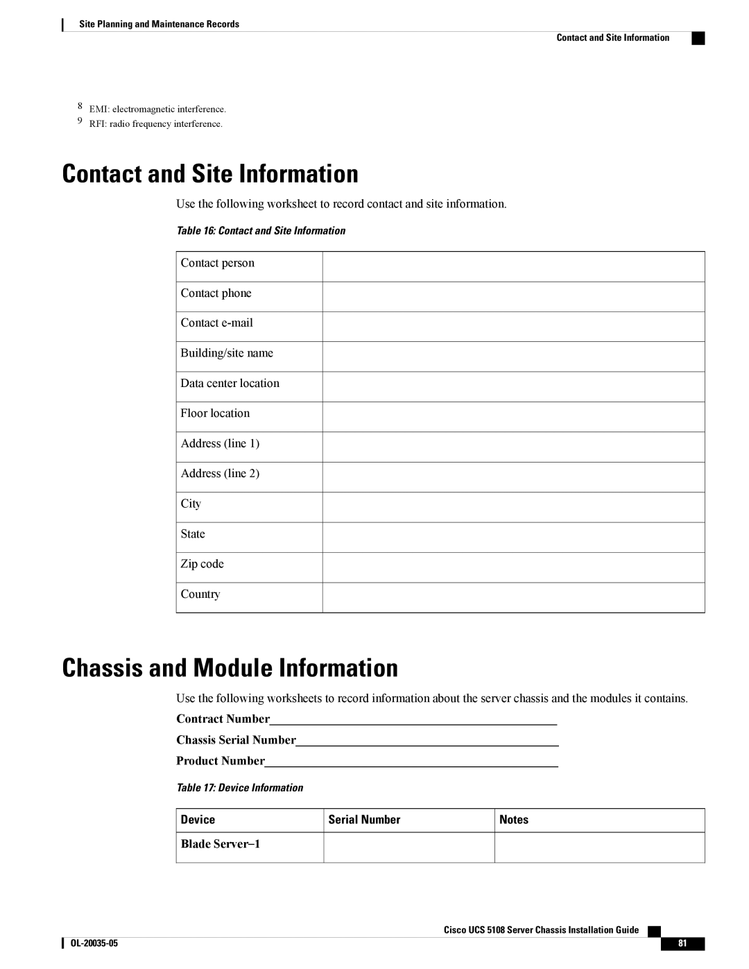 Cisco Systems UCSEZINFRACHSS manual Contact and Site Information, Chassis and Module Information, Device Serial Number 