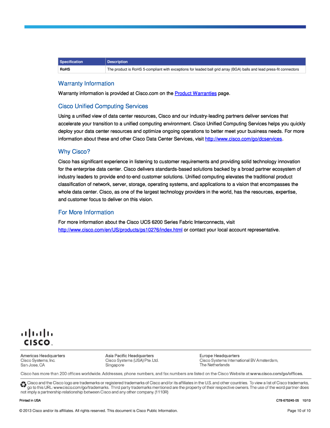 Cisco Systems UCSFI6248E1628P Warranty Information, Cisco Unified Computing Services, Why Cisco?, For More Information 