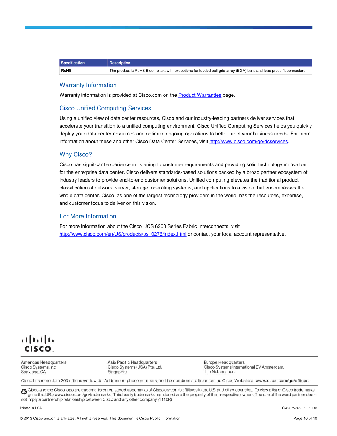 Cisco Systems UCSFI6248E1628P manual For More Information, Specification 