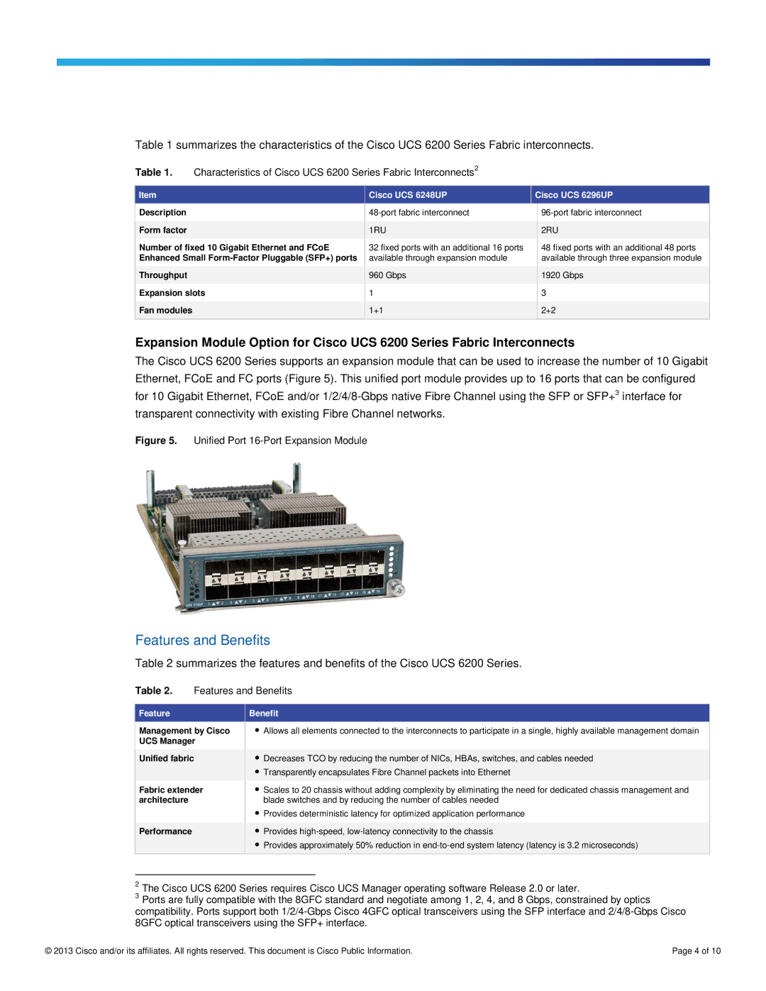 Cisco Systems UCSFI6248E1628P manual Features and Benefits, Cisco UCS 6248UP Cisco UCS 6296UP 