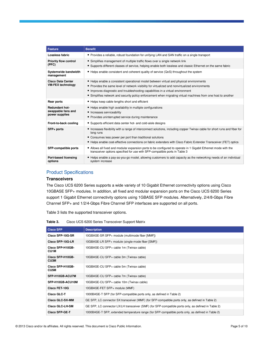 Cisco Systems UCSFI6248E1628P manual Product Specifications, Transceivers, Cisco UCS 6200 Series Transceiver Support Matrix 