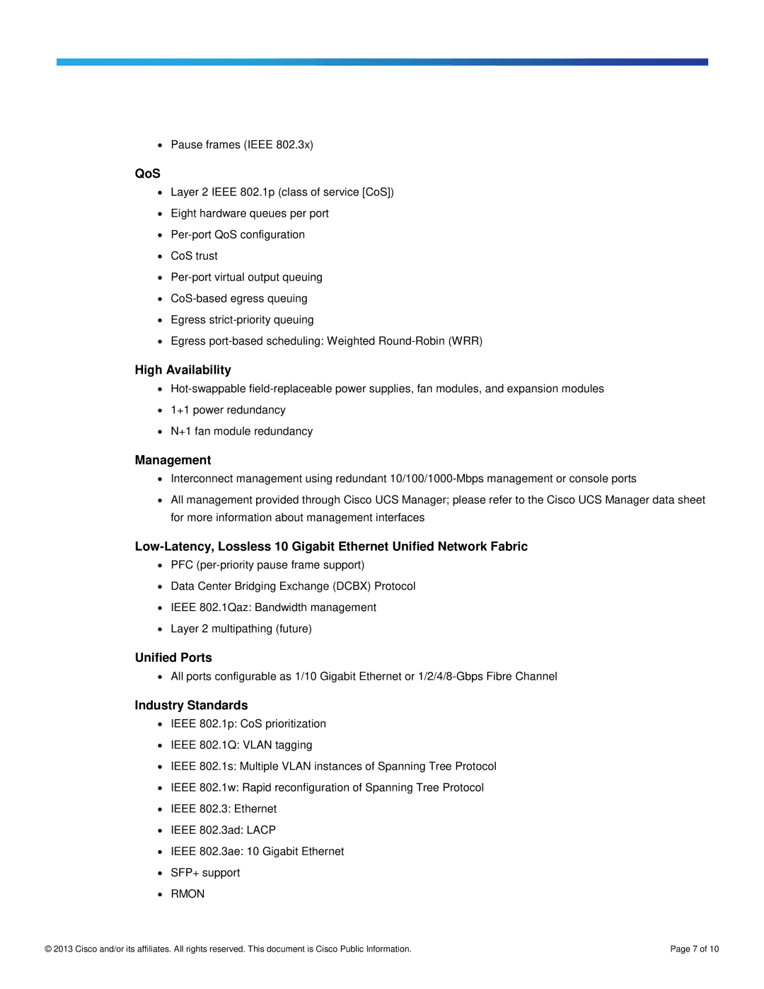 Cisco Systems UCSFI6248E1628P manual QoS, High Availability, Management, Unified Ports, Industry Standards 