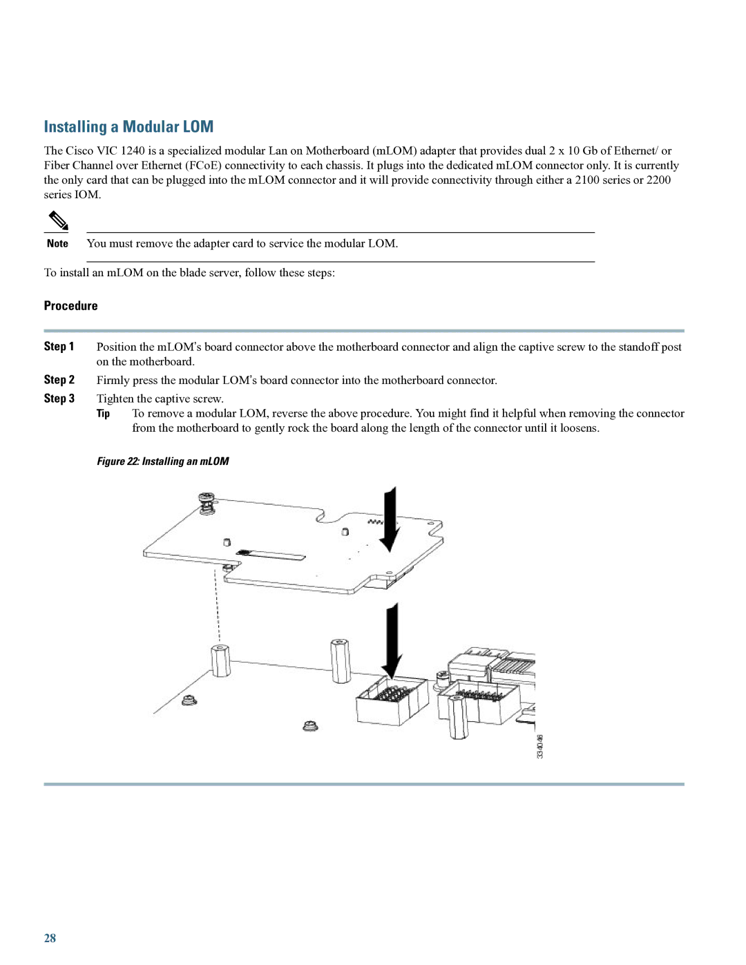 Cisco Systems UCSSPENTVB200M3 specifications Installing a Modular LOM, Installing an mLOM 