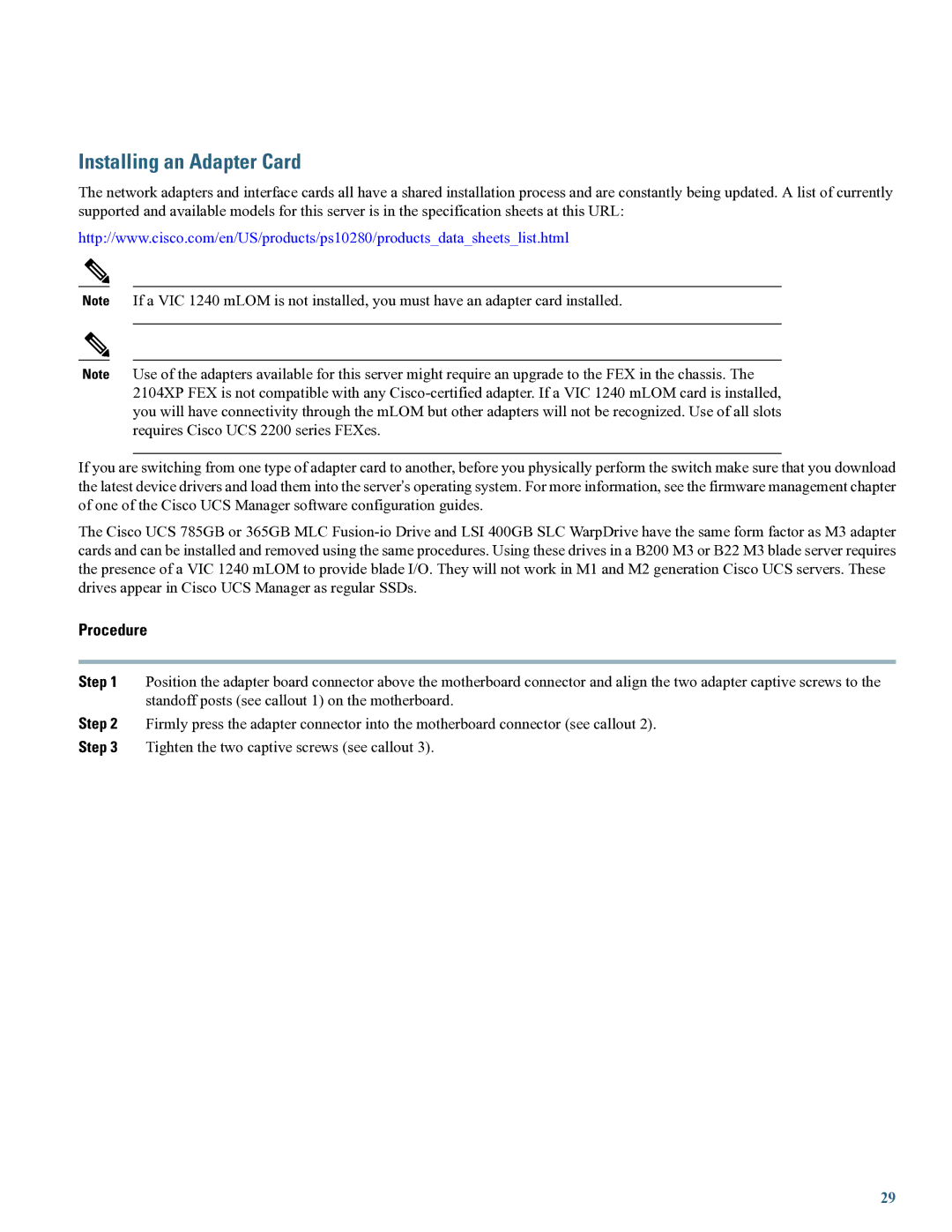 Cisco Systems UCSSPENTVB200M3 specifications Installing an Adapter Card 