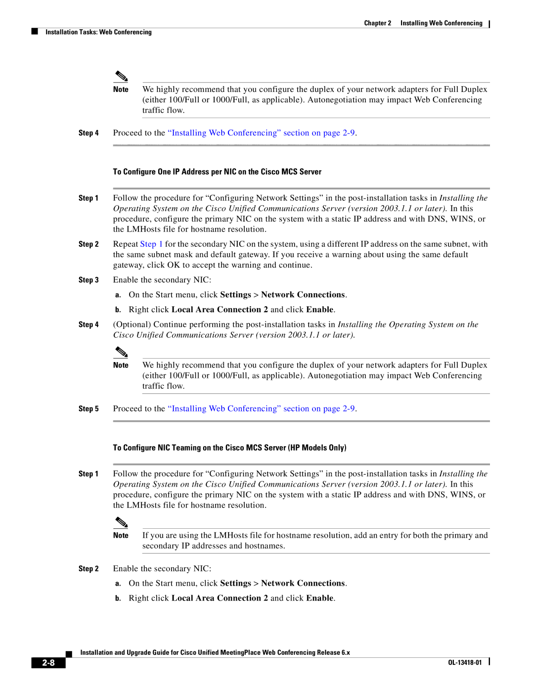 Cisco Systems Unified MeetingPlace Web Conferencing manual To Configure One IP Address per NIC on the Cisco MCS Server 