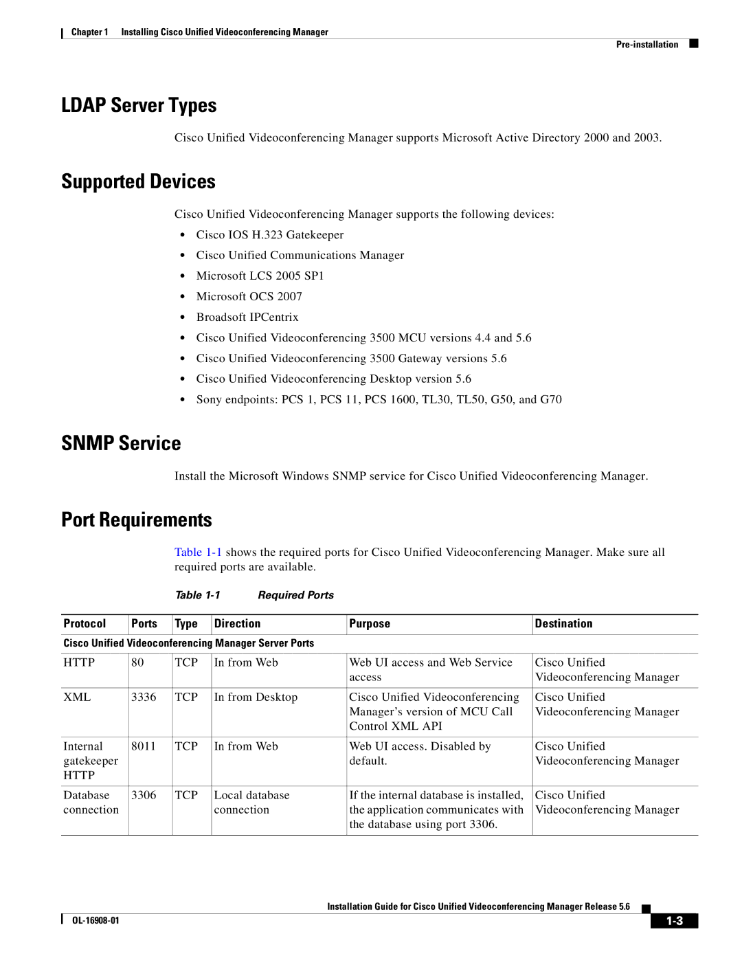 Cisco Systems Unified Videoconferencing Manager Ldap Server Types, Supported Devices, Snmp Service, Port Requirements 