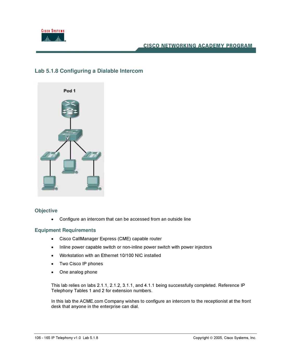 Cisco Systems v1.0 manual Lab 5.1.8 Configuring a Dialable Intercom, Objective 