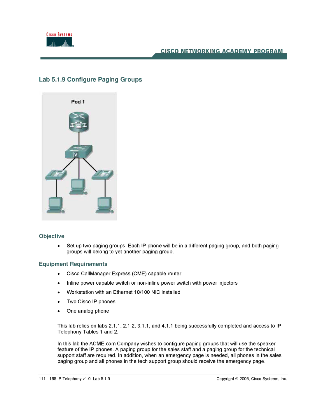 Cisco Systems v1.0 manual Lab 5.1.9 Configure Paging Groups, Objective 