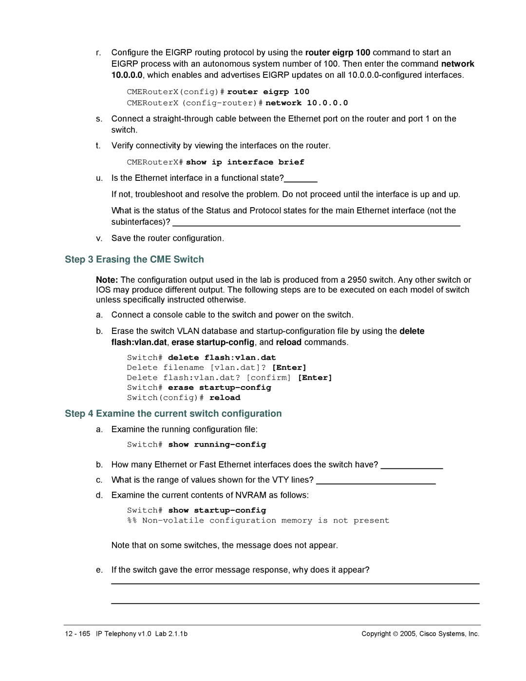 Cisco Systems v1.0 manual Erasing the CME Switch, Switch# delete flashvlan.dat, Switch# erase startup-config 