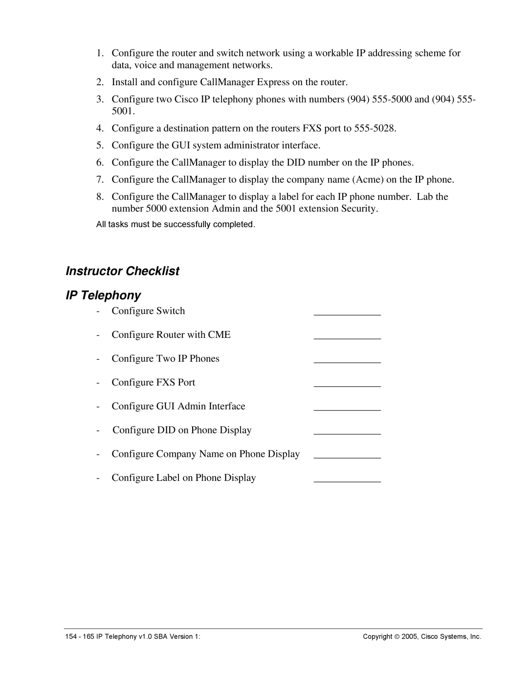 Cisco Systems v1.0 manual Instructor Checklist IP Telephony 