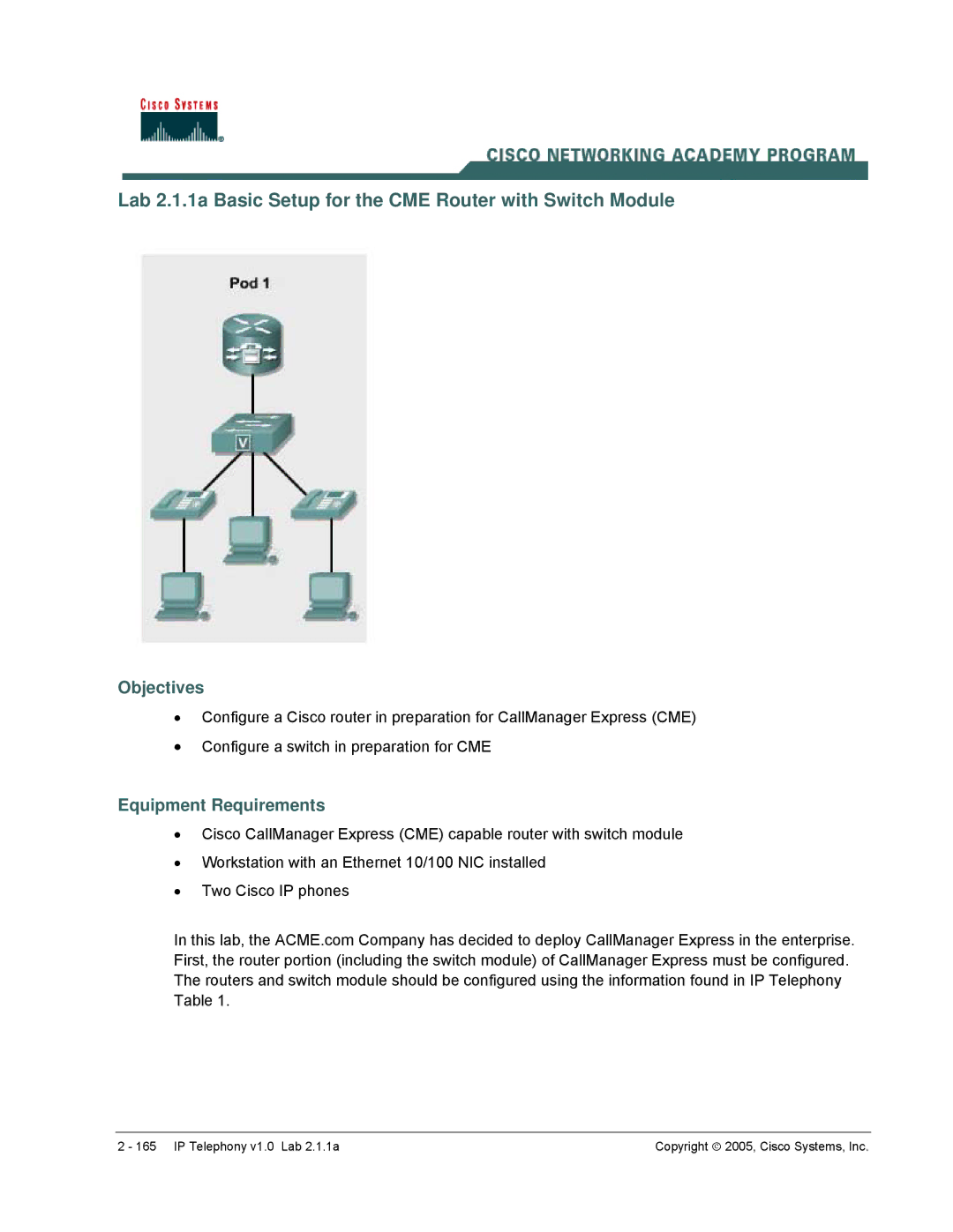 Cisco Systems v1.0 manual Objectives, Equipment Requirements 