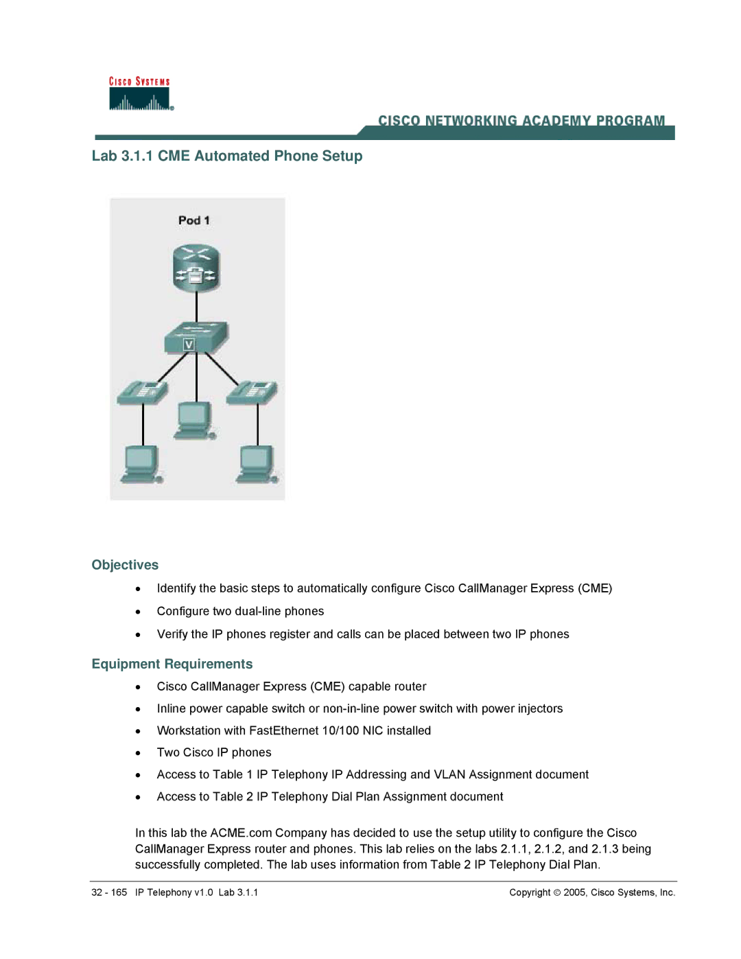 Cisco Systems v1.0 manual Lab 3.1.1 CME Automated Phone Setup, Objectives 