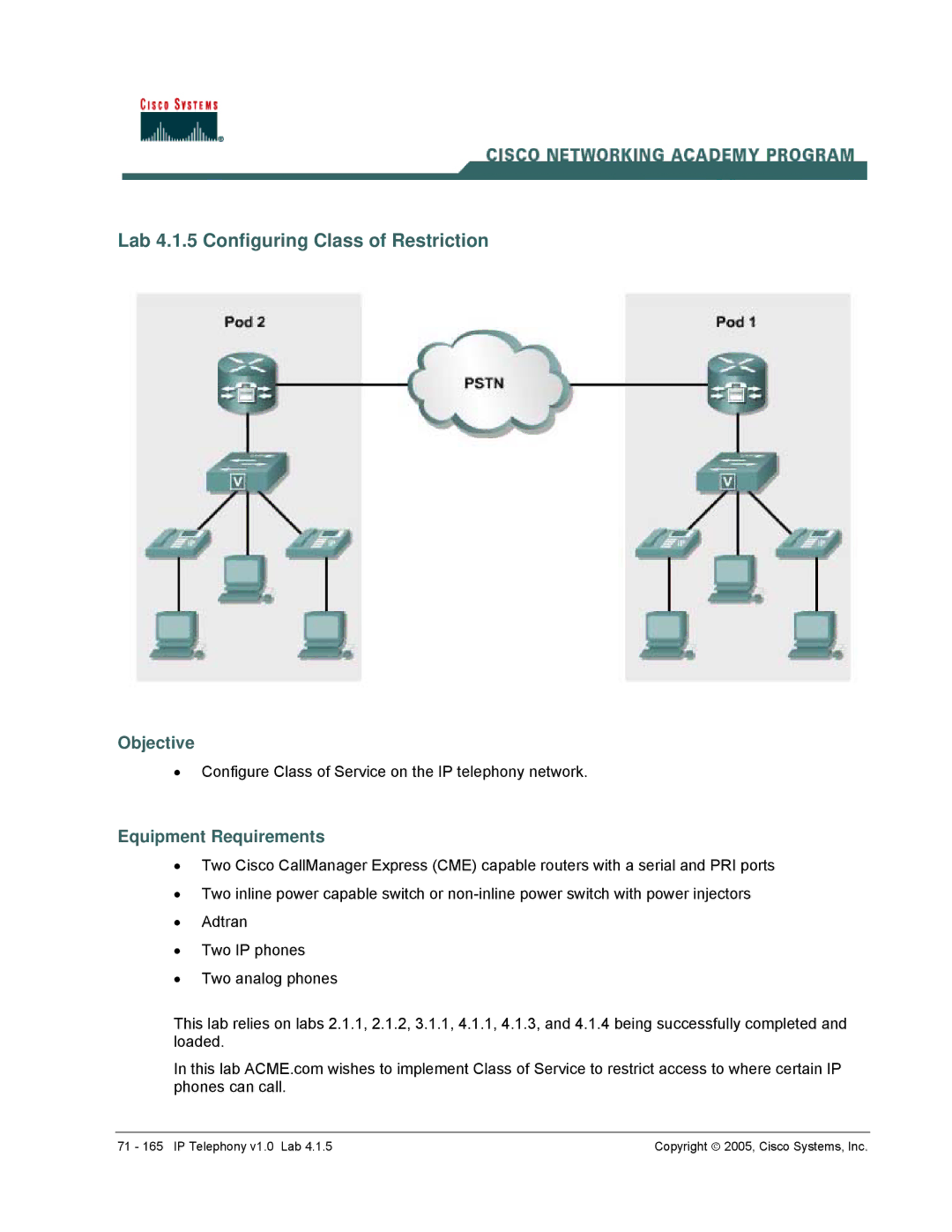 Cisco Systems v1.0 manual Lab 4.1.5 Configuring Class of Restriction, Objective 