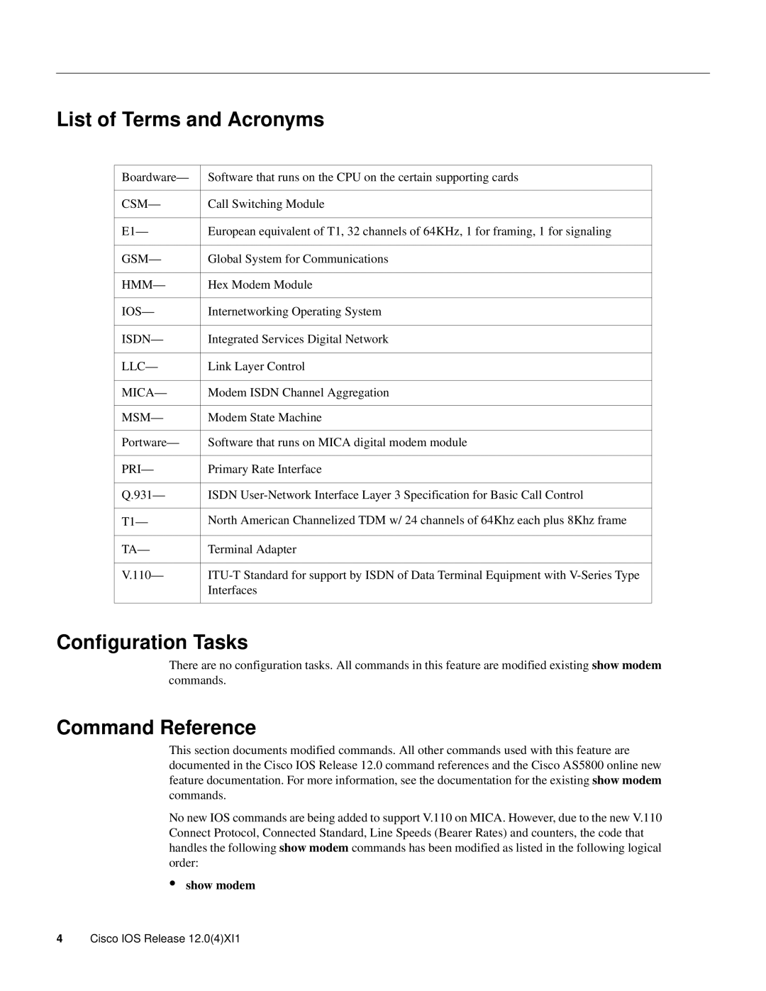 Cisco Systems V110 manual List of Terms and Acronyms, Configuration Tasks, Command Reference 