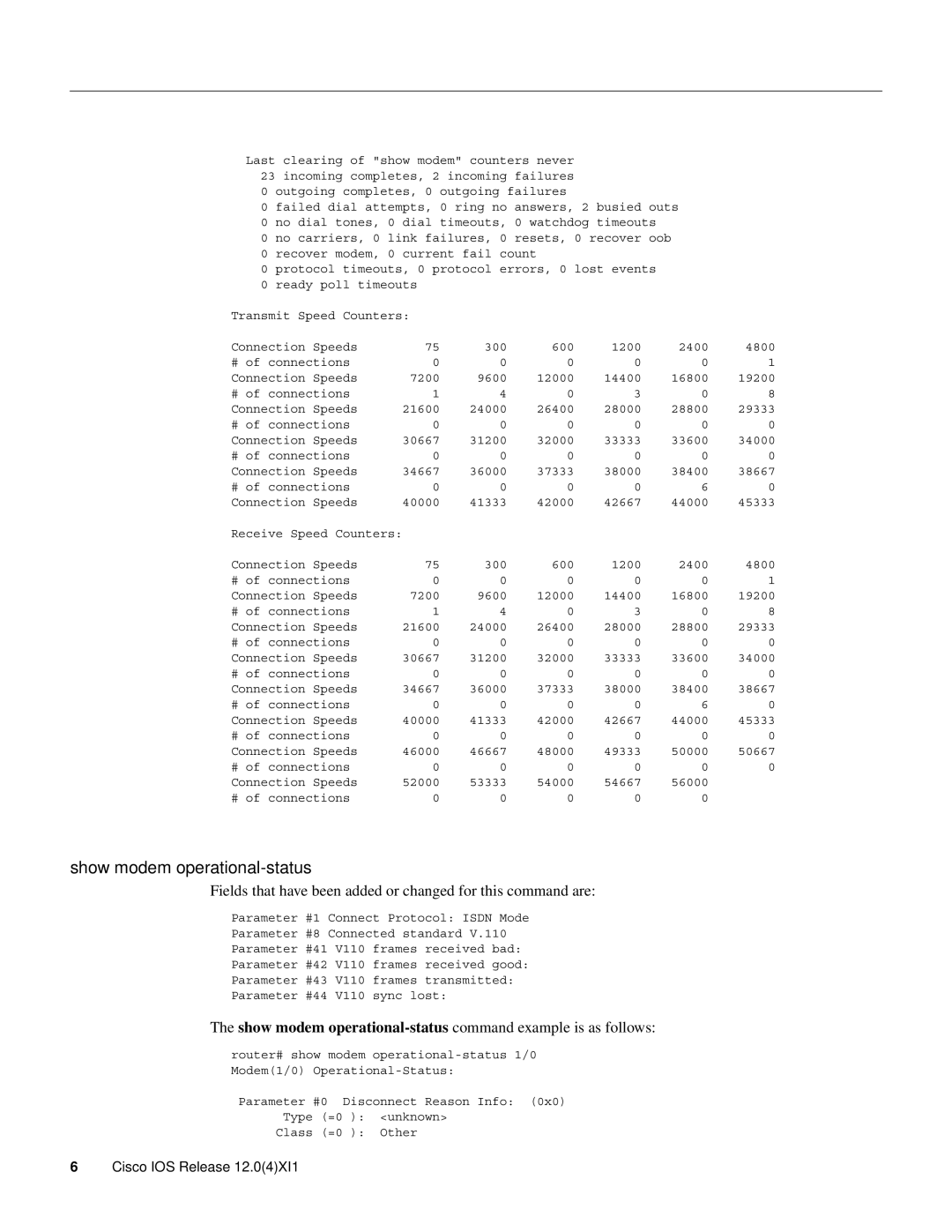 Cisco Systems V110 manual Show modem operational-statuscommand example is as follows 