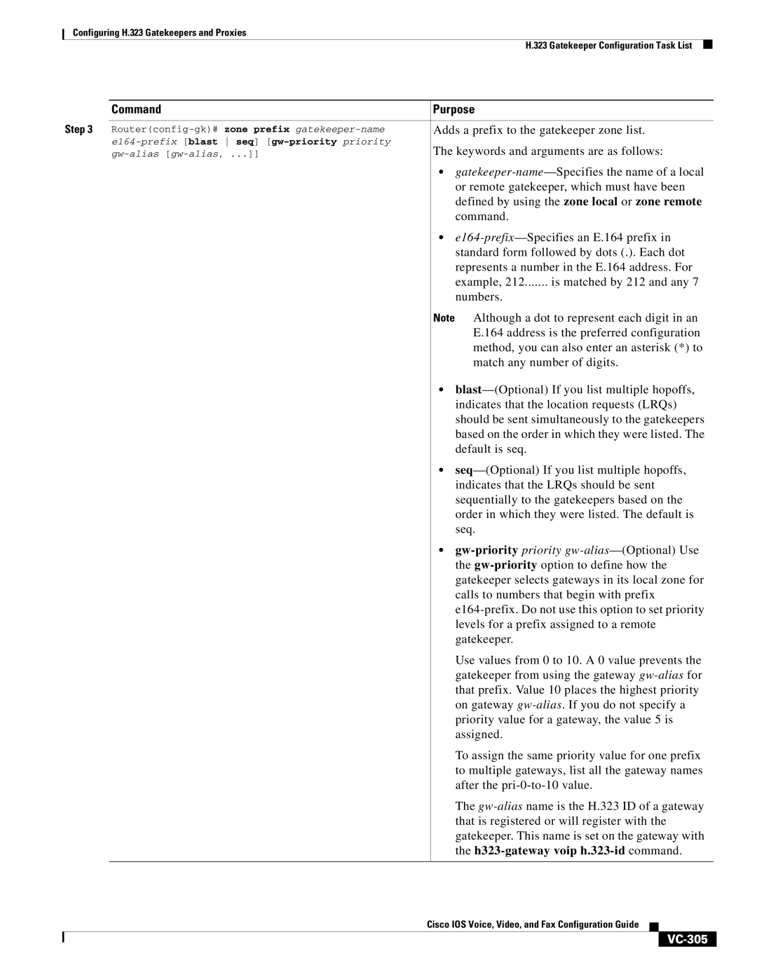 Cisco Systems VC-289 manual Gw-prioritypriority gw-alias-Optional Use, H323-gateway voip h.323-id command, VC-305 