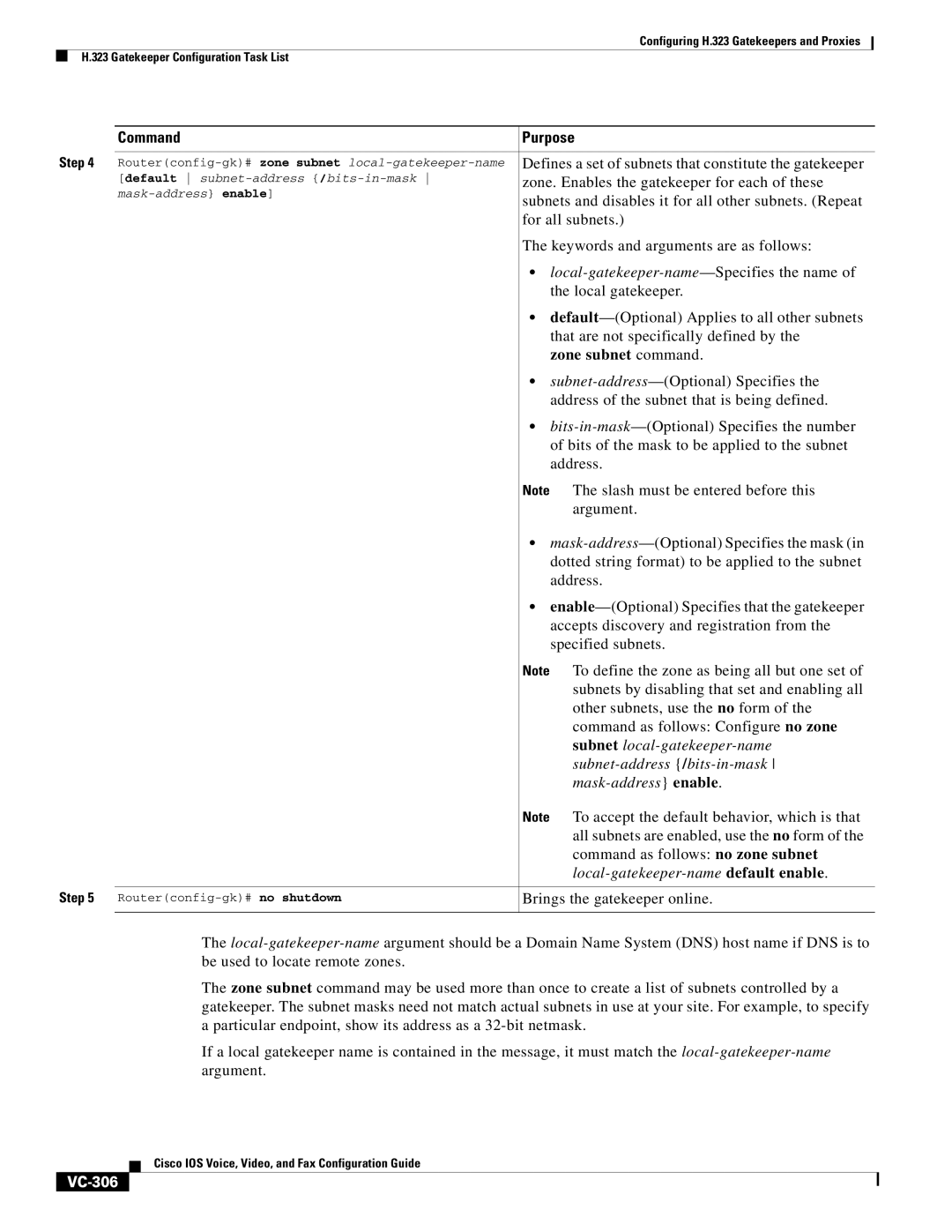 Cisco Systems VC-289 Zone subnet command, Subnet local-gatekeeper-name, Subnet-address /bits-in-mask, Mask-addressenable 