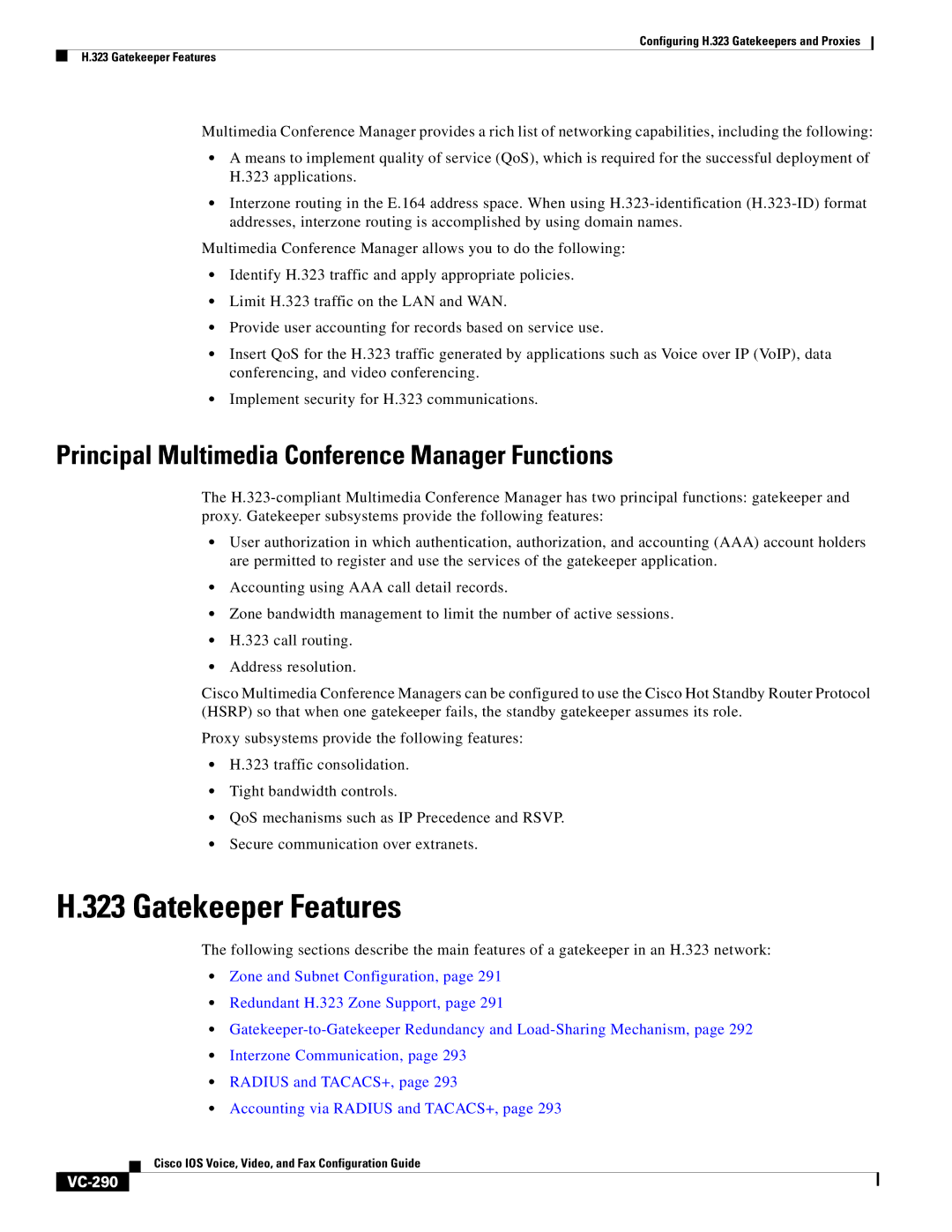 Cisco Systems VC-289 manual Principal Multimedia Conference Manager Functions, VC-290 