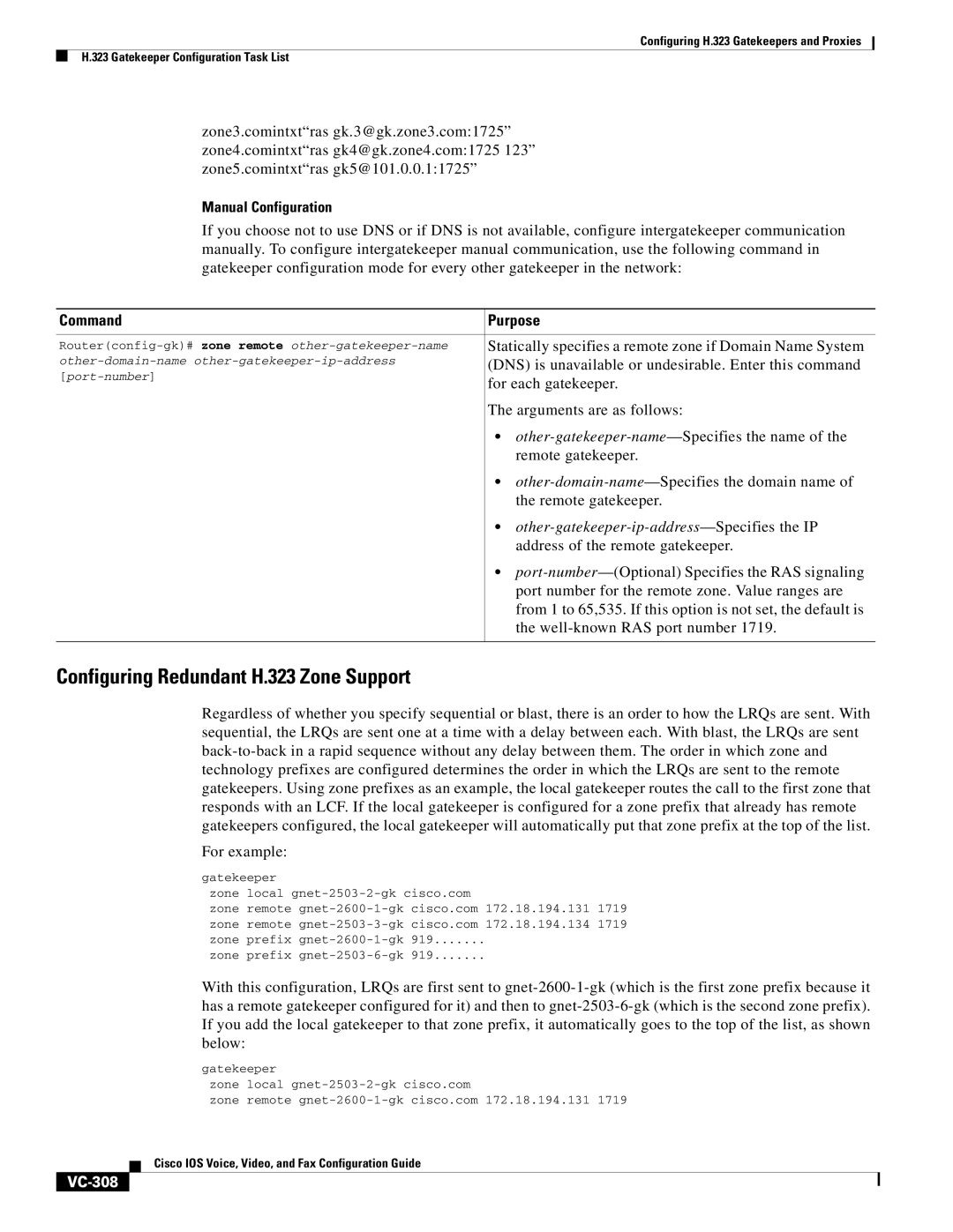 Cisco Systems VC-289 manual Configuring Redundant H.323 Zone Support, Other-gatekeeper-ip-address-Specifies the IP, VC-308 