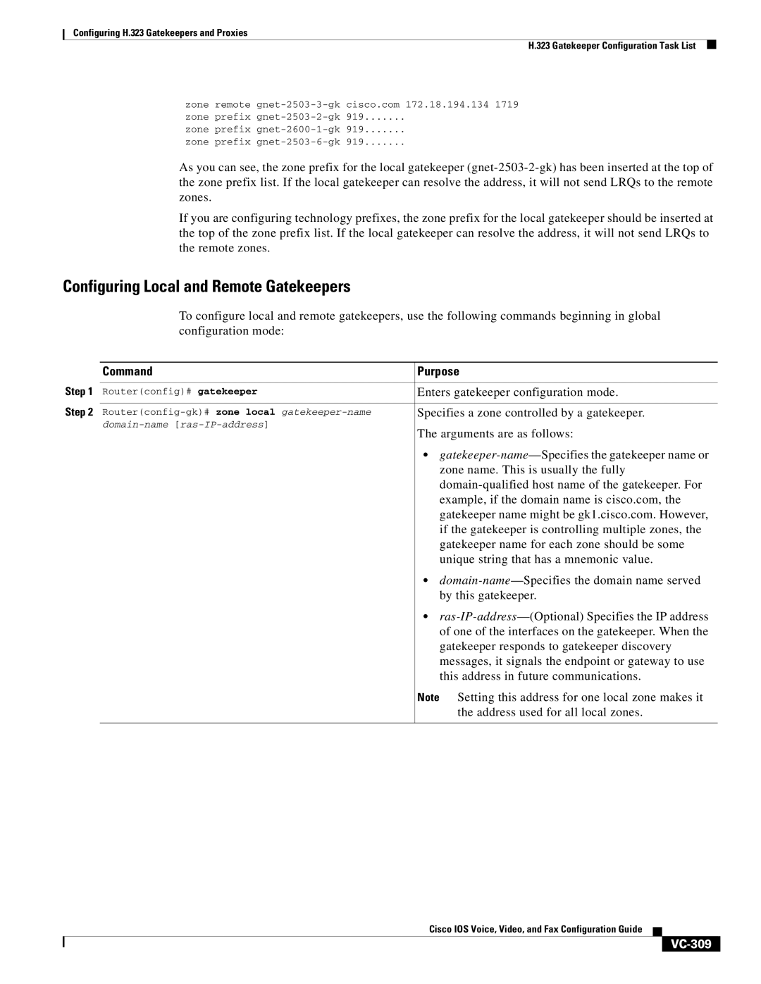 Cisco Systems VC-289 manual Configuring Local and Remote Gatekeepers, VC-309 