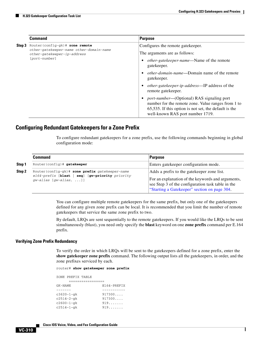 Cisco Systems VC-289 manual Configuring Redundant Gatekeepers for a Zone Prefix, Verifying Zone Prefix Redundancy, VC-310 