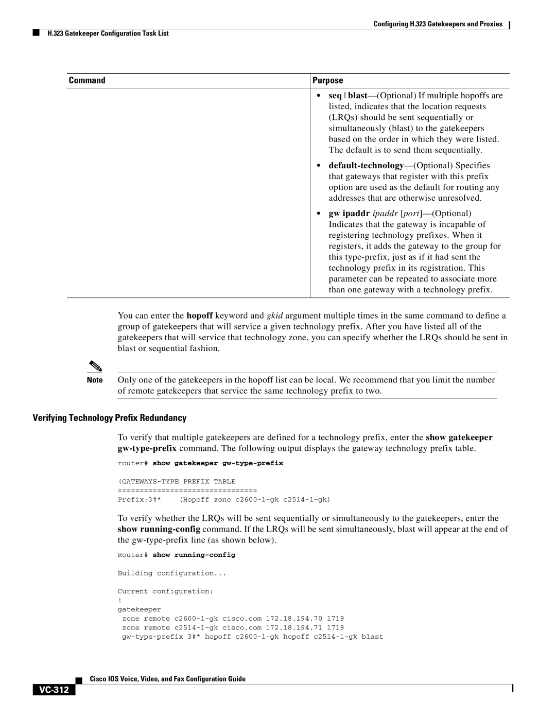 Cisco Systems VC-289 manual Verifying Technology Prefix Redundancy, VC-312 